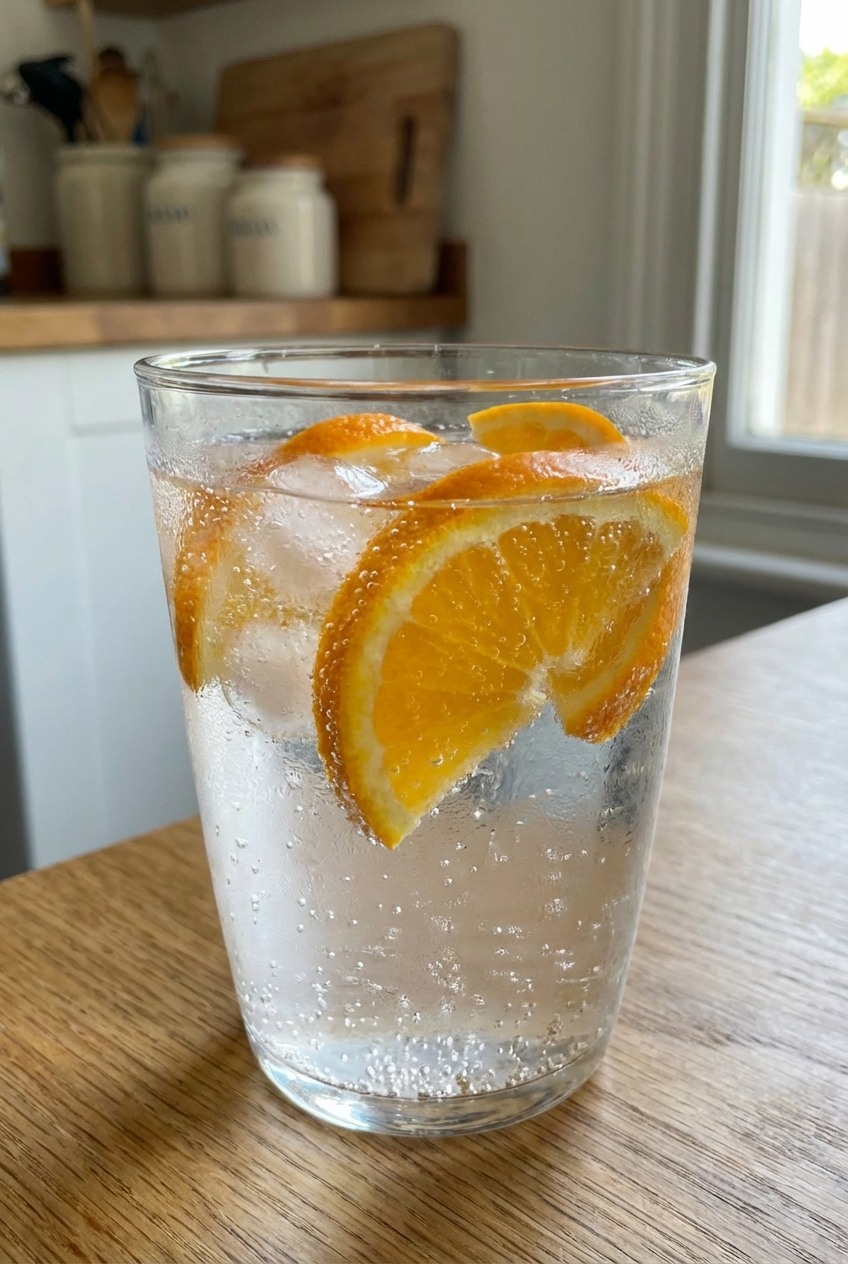 A chilled glass of sparkling water with orange slices and ice