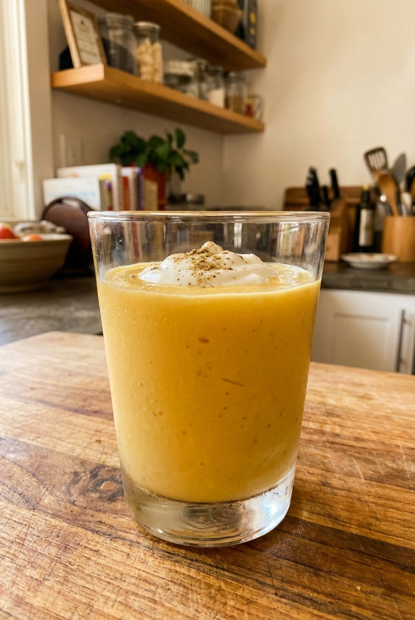 A chilled glass of thick mango lassi on a wooden table with a swirl of yogurt on top and a light sprinkle of ground cardamom