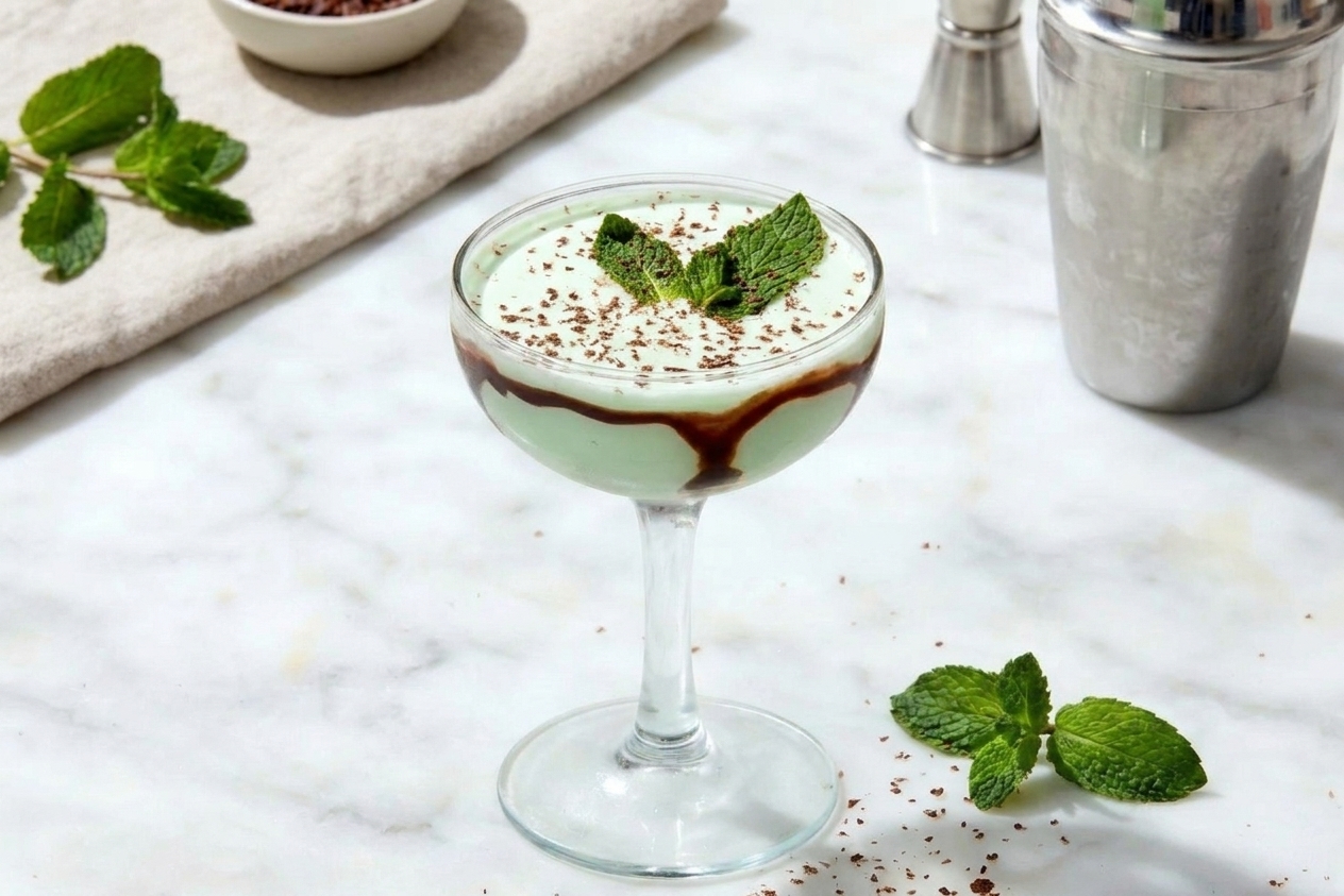 A chilled grasshopper cocktail in a coupe glass with a pale green creamy drink, chocolate drizzle on top, and a mint sprig on a stone countertop