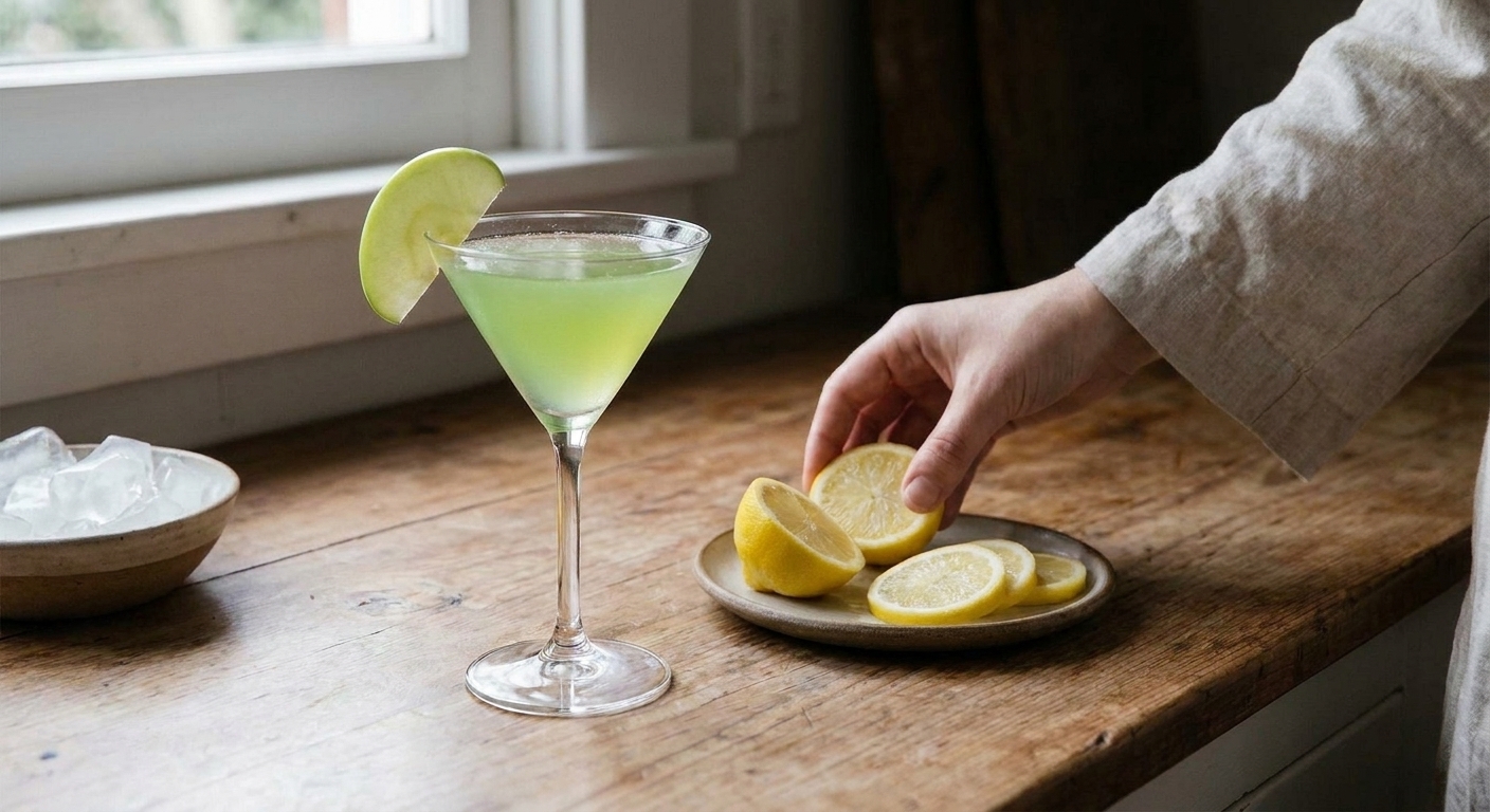 A chilled green apple martini in a stemmed cocktail glass on a light kitchen counter, with a thin apple slice garnish and a small plate of lemon wedges nearby