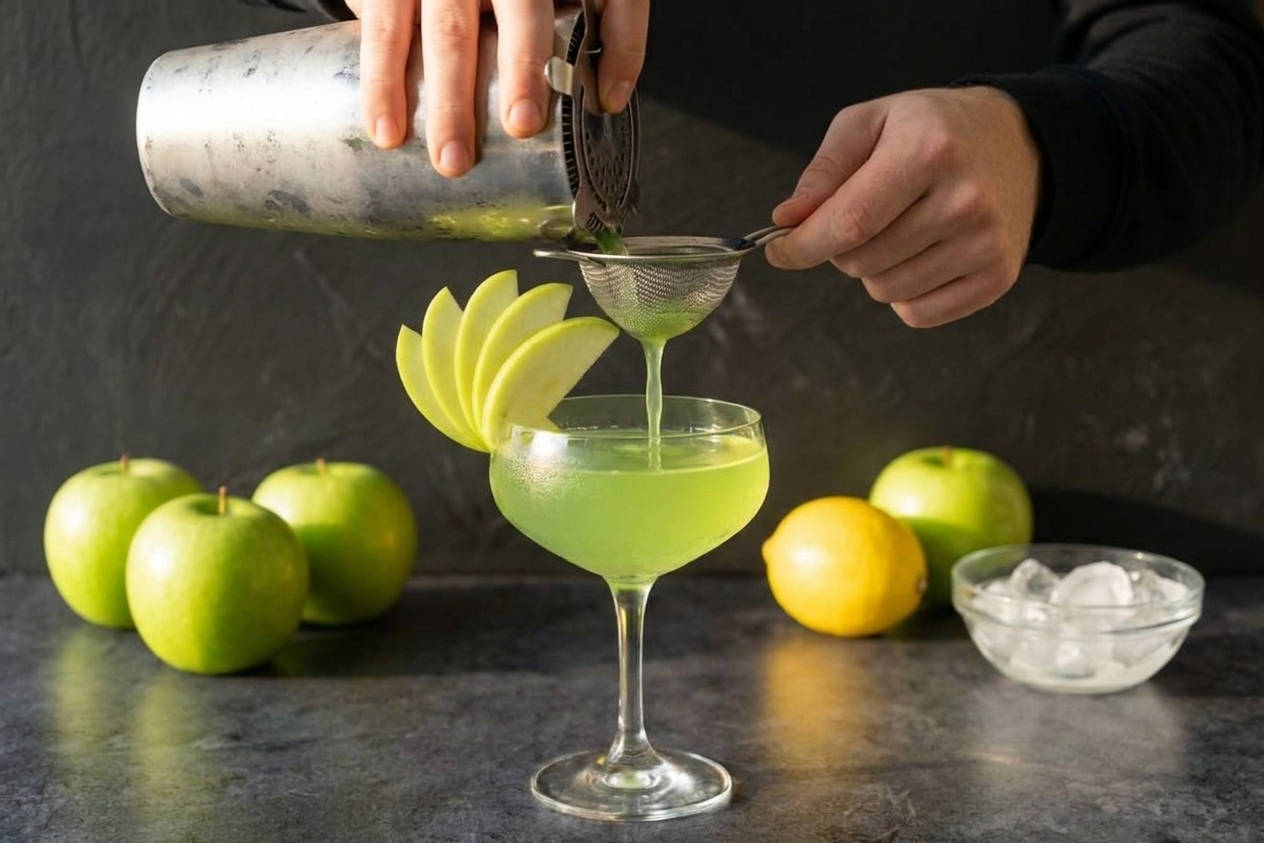 A chilled green appletini being strained from a cocktail shaker into a coupe glass on a clean kitchen counter