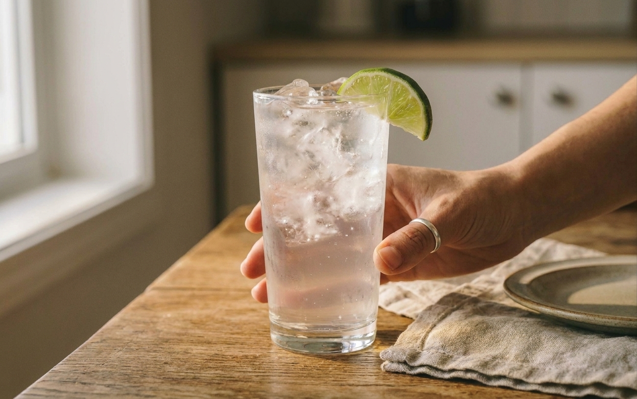 A chilled highball glass filled with a clear vodka soda over ice, topped with a fresh lime wedge on the rim on a bright kitchen counter