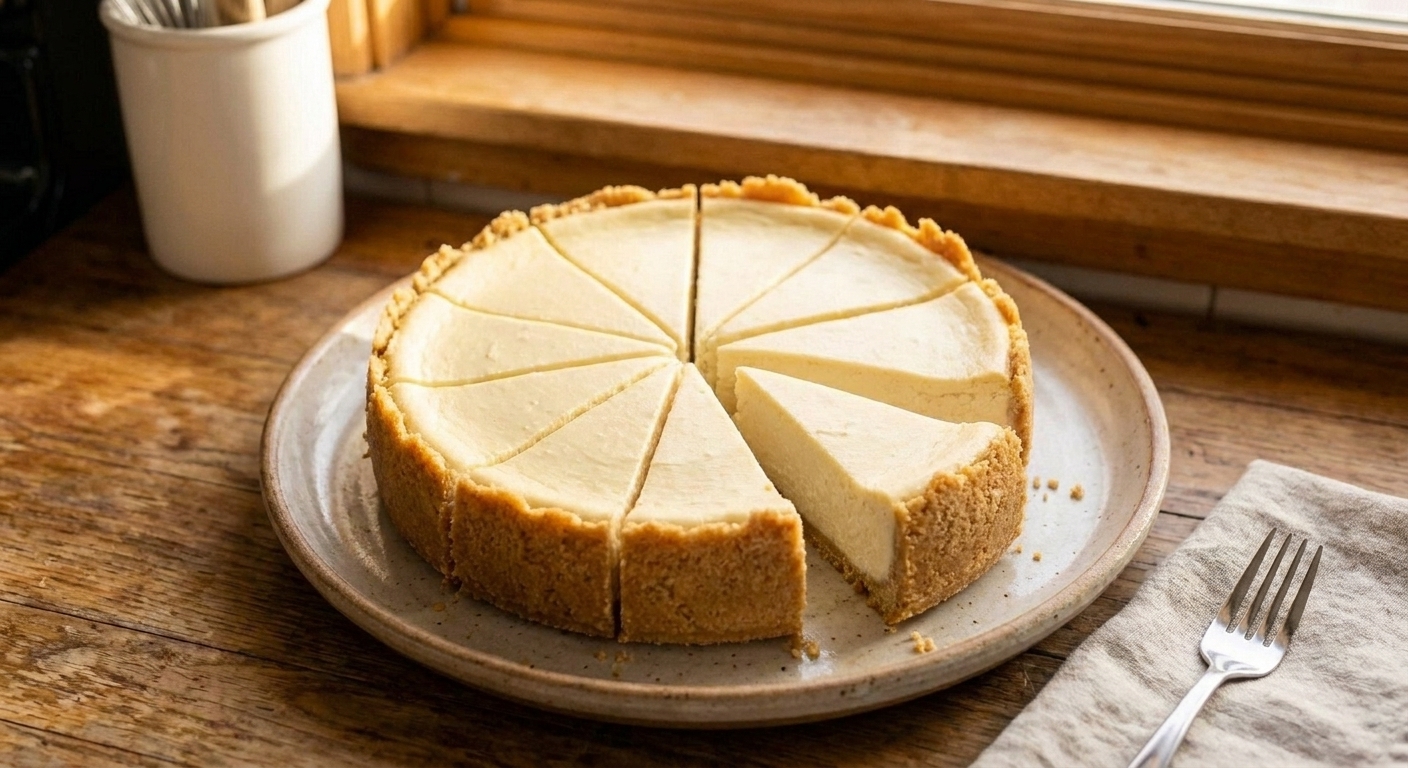 A chilled keto cheesecake sliced into neat wedges on a serving platter on a simple table setting