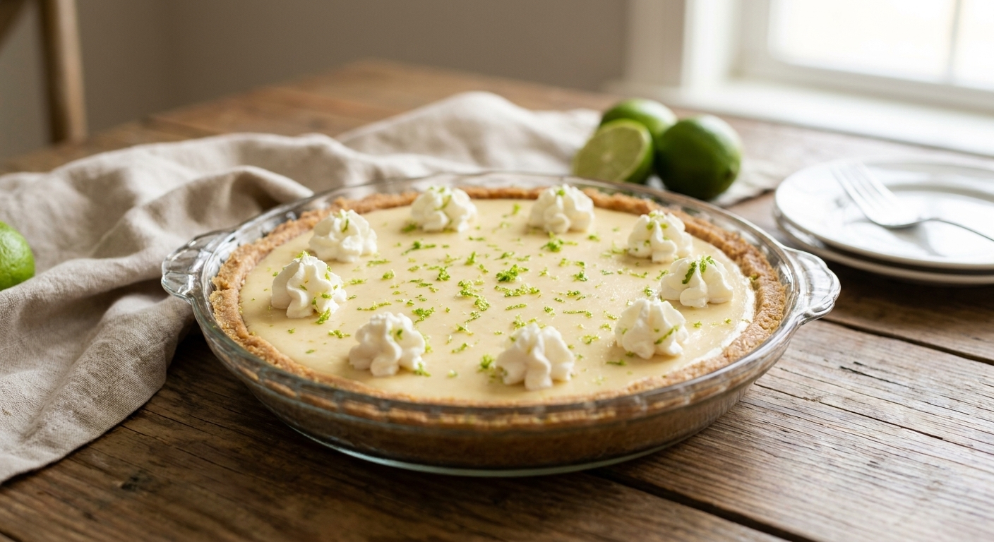 A chilled key lime pie topped with small dollops of whipped cream and a sprinkle of lime zest on a dining table