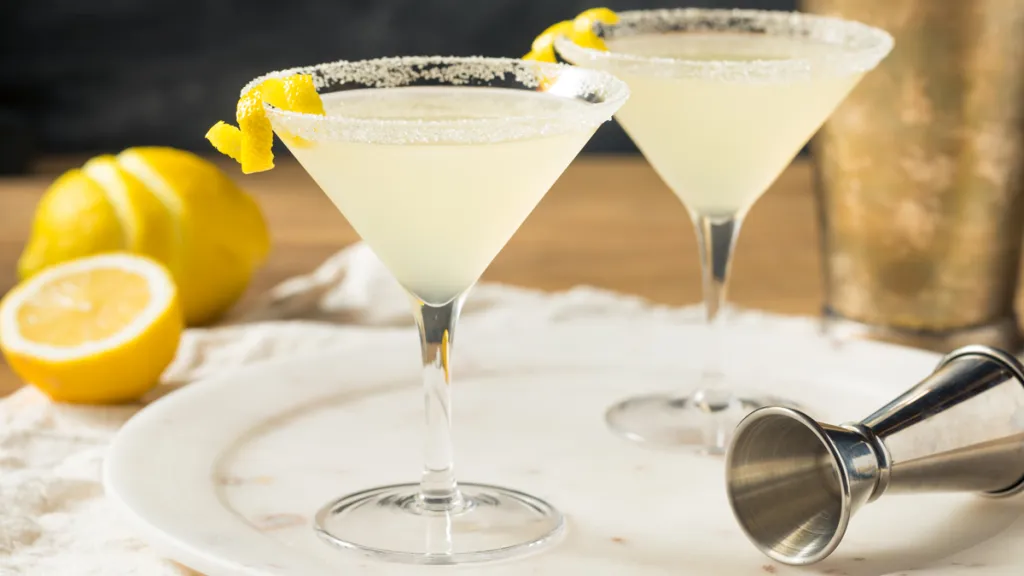 A chilled lemon drop shot in a small cocktail glass with a sparkling sugar rim and a thin lemon twist on a neutral kitchen counter
