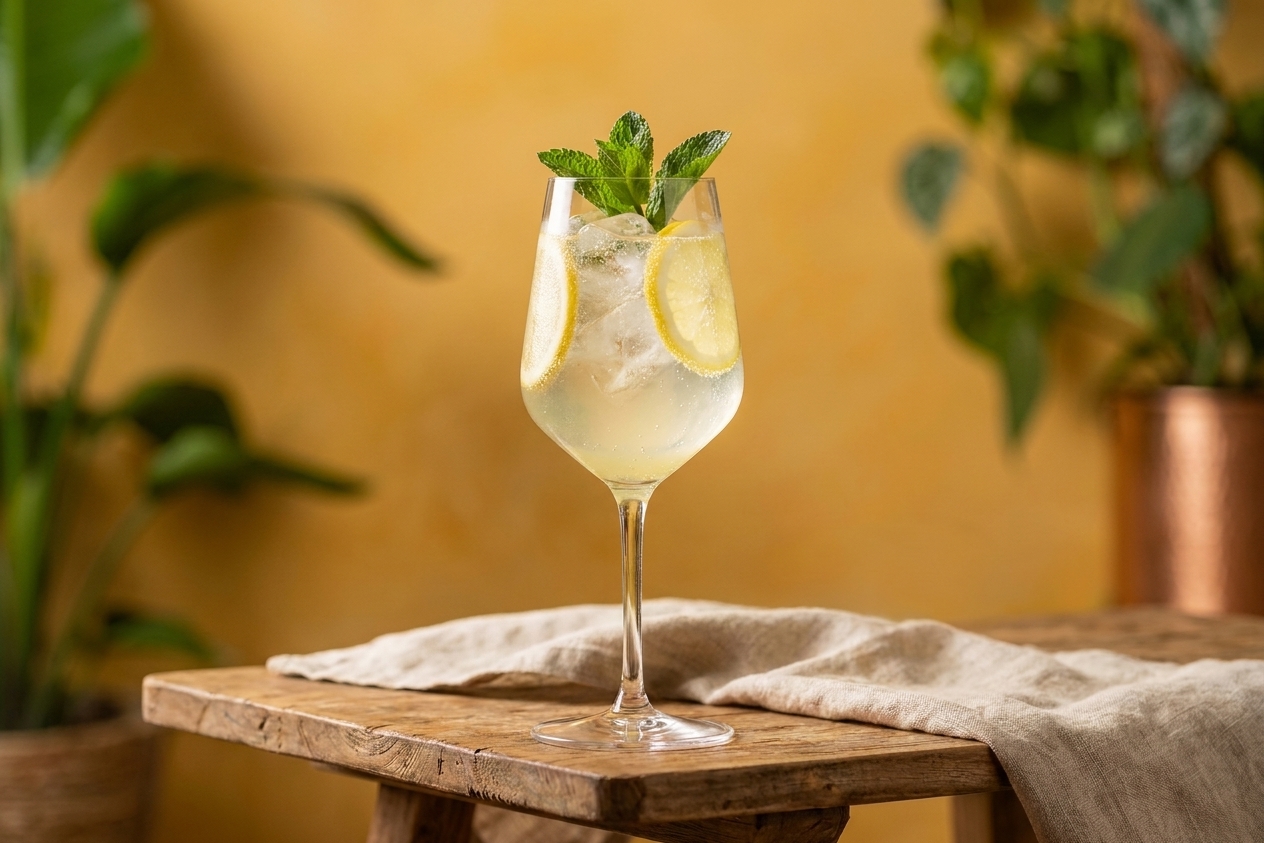 A chilled limoncello spritz in a large wine glass filled with ice, pale yellow bubbles, a lemon wheel, and a sprig of mint on a sunlit kitchen counter