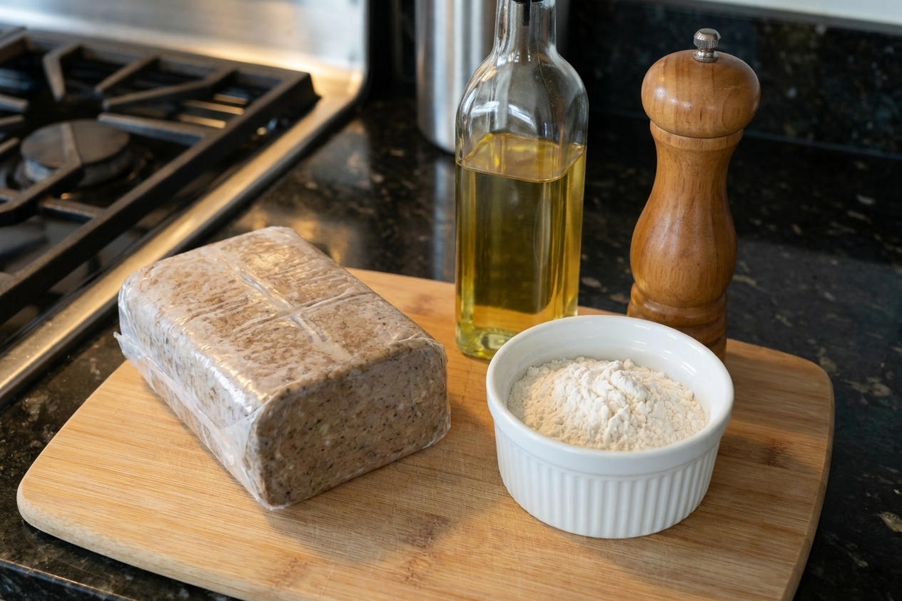 A chilled loaf of scrapple, a small bowl of flour, a bottle of neutral oil, and a pepper grinder arranged on a clean kitchen counter