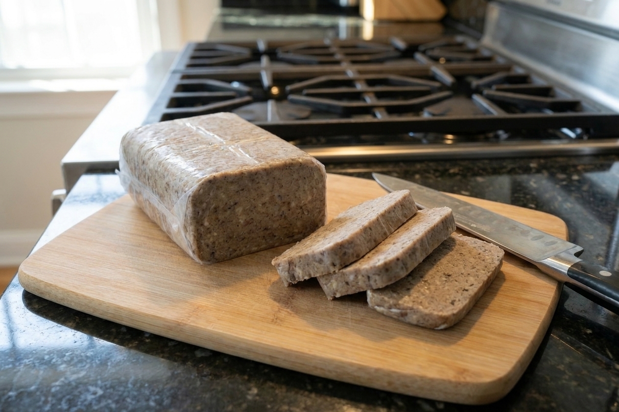 A chilled loaf of scrapple on a wooden cutting board with several thick slices cut and ready to cook, morning kitchen light
