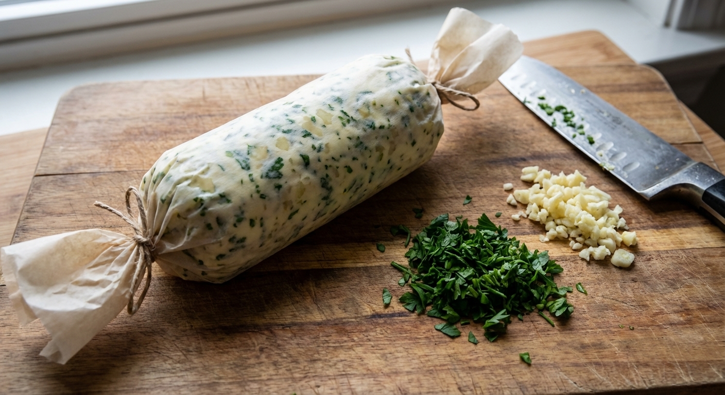 A chilled log of herb garlic compound butter wrapped tightly in parchment paper on a cutting board with chopped parsley and minced garlic nearby, real kitchen photography style