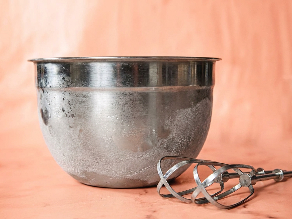 A chilled metal mixing bowl with whisk attachments resting beside it on a kitchen counter
