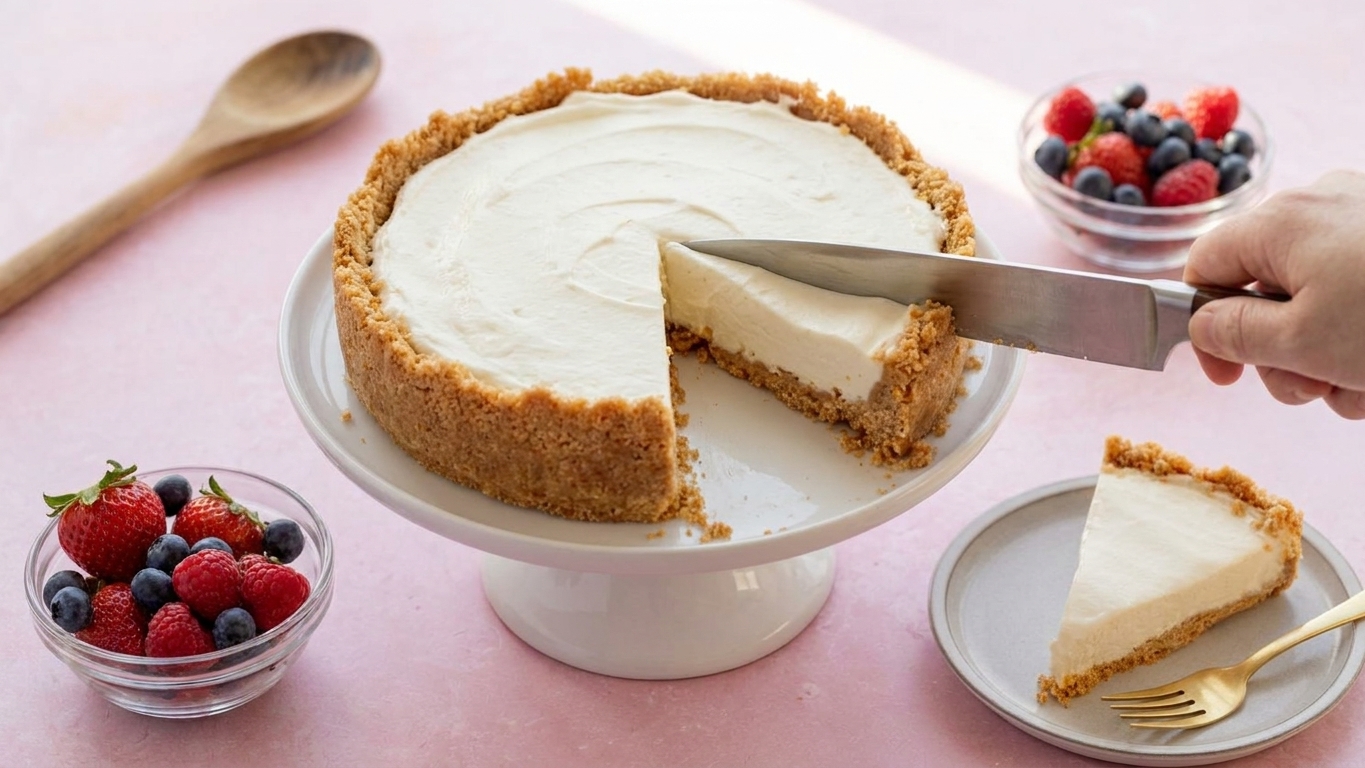A chilled no-bake cheesecake on a cake stand being sliced with a knife, with berries nearby on the table