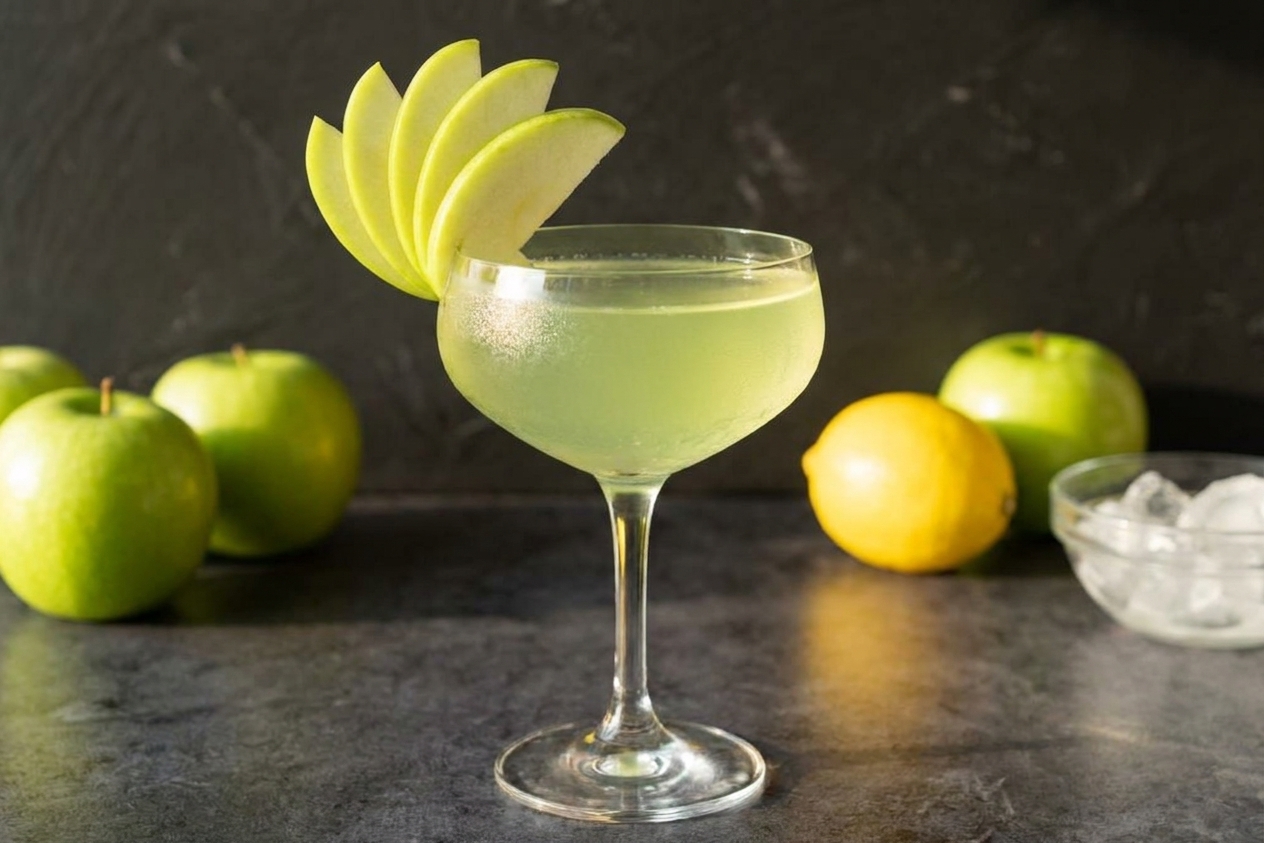 A chilled, pale green appletini in a coupe glass with a thin green apple fan garnish on a neutral kitchen counter under warm, natural light