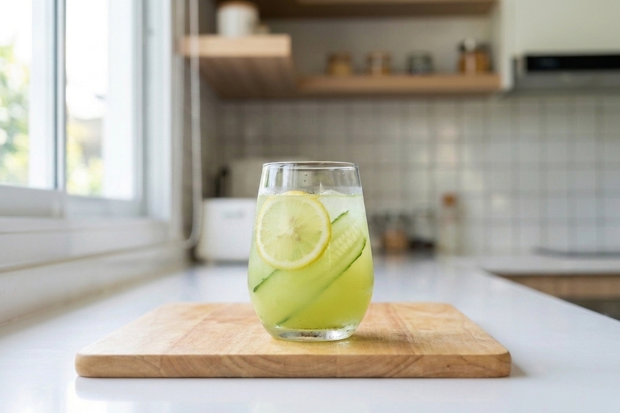 A chilled pale green cucumber lemon juice in a clear glass with condensation on the outside, set on a wooden table