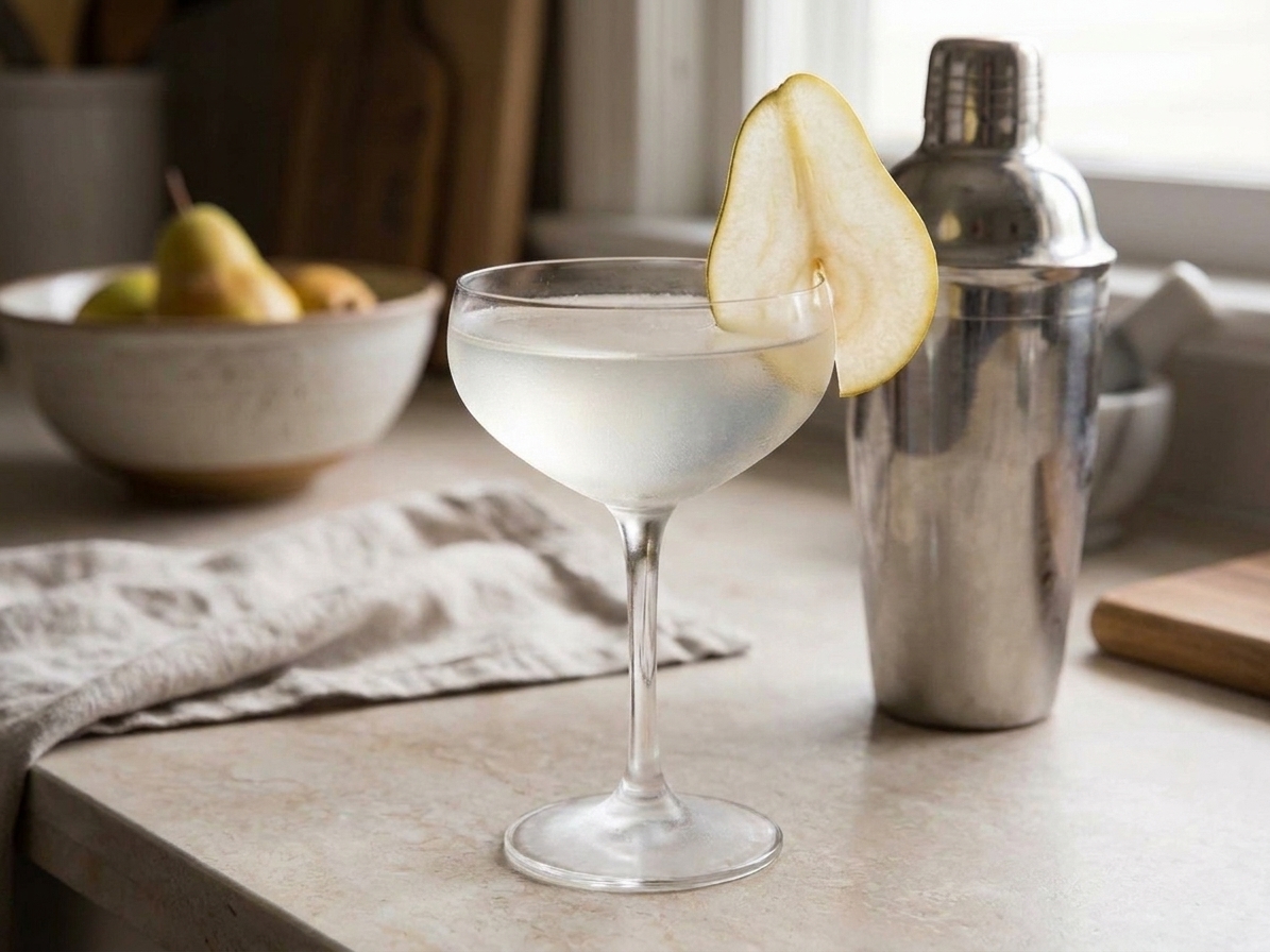 A chilled pear martini in a coupe glass on a light stone counter, garnished with a thin pear slice, with a cocktail shaker nearby