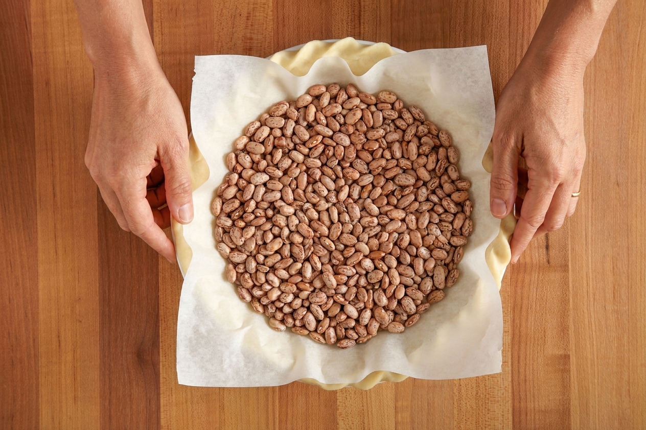 A chilled pie crust lined with parchment paper and filled with dried beans as pie weights before blind baking