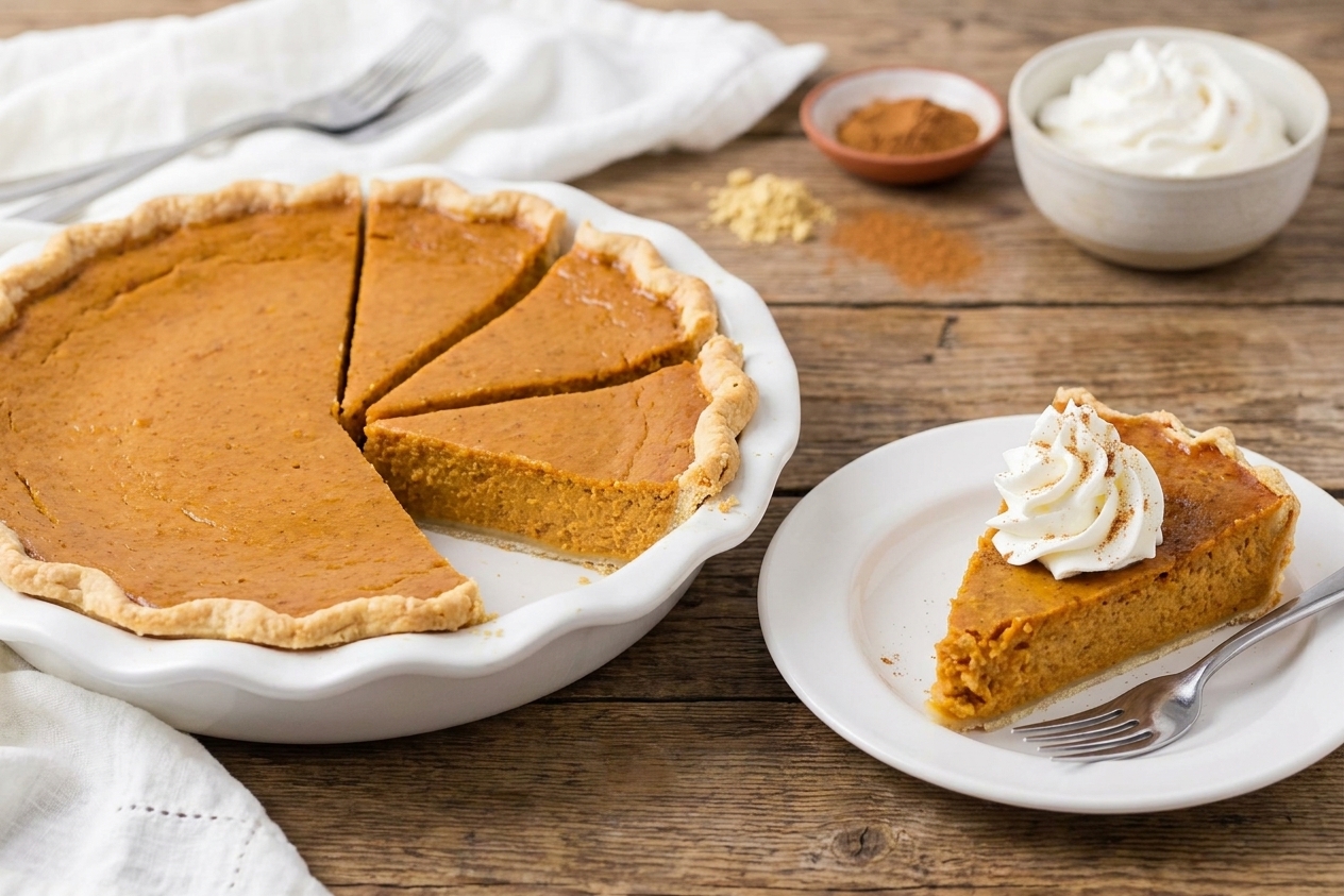 A chilled pumpkin pie sliced into wedges with a dollop of whipped cream on one slice, on a wooden table