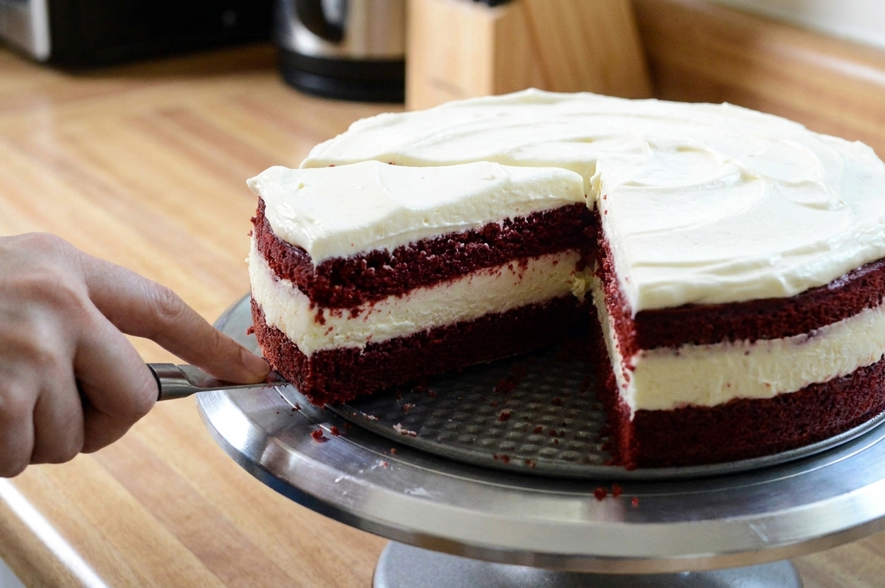 A chilled red velvet cheesecake being sliced on a cake stand, showing clean layers and a smooth cream cheese frosting