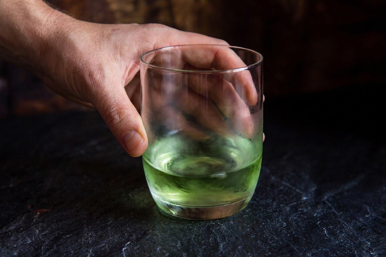 A chilled rocks glass being swirled with a small amount of absinthe to coat the inside