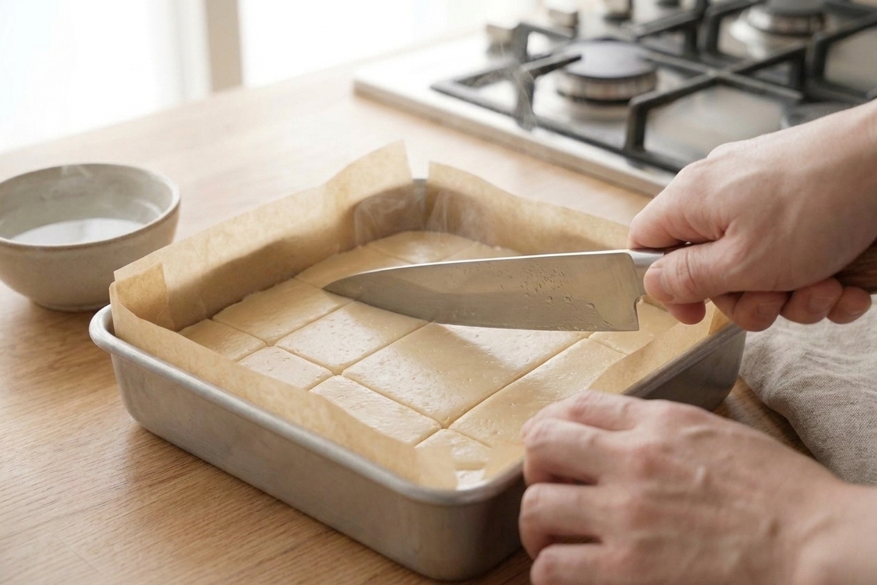 A chilled slab of vanilla fudge in a parchment-lined pan being sliced into clean squares with a long knife warmed in hot water