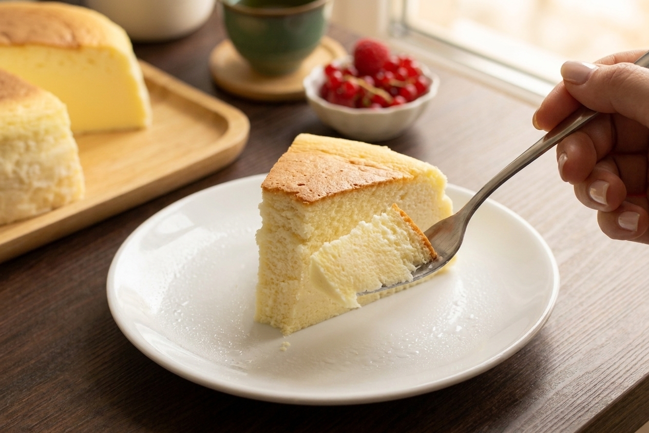 A chilled slice of Japanese cheesecake being lifted with a fork, showing an airy, delicate crumb and lightly golden top