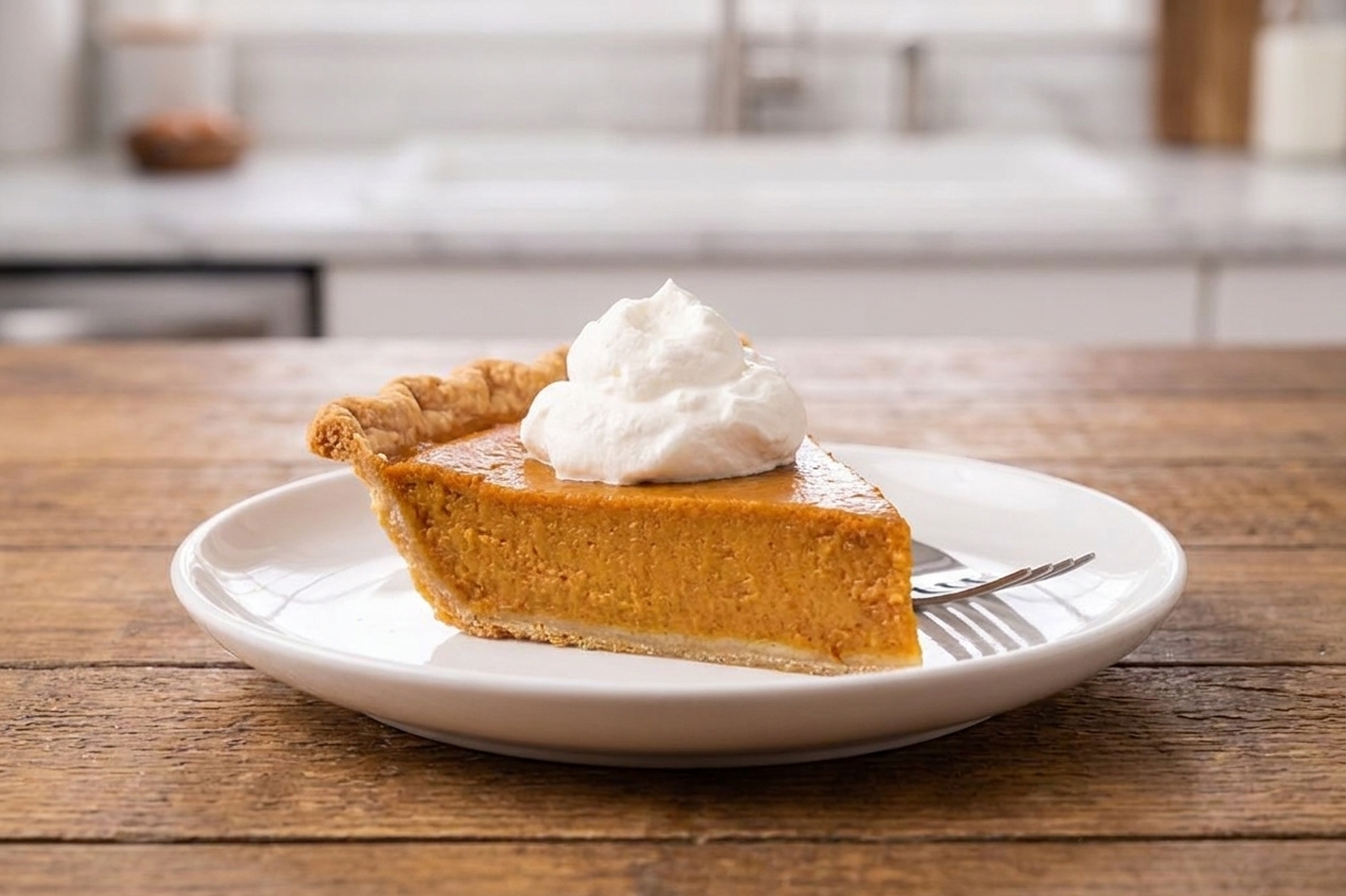 A chilled slice of pumpkin pie on a dessert plate with a dollop of whipped cream on a wooden table setting