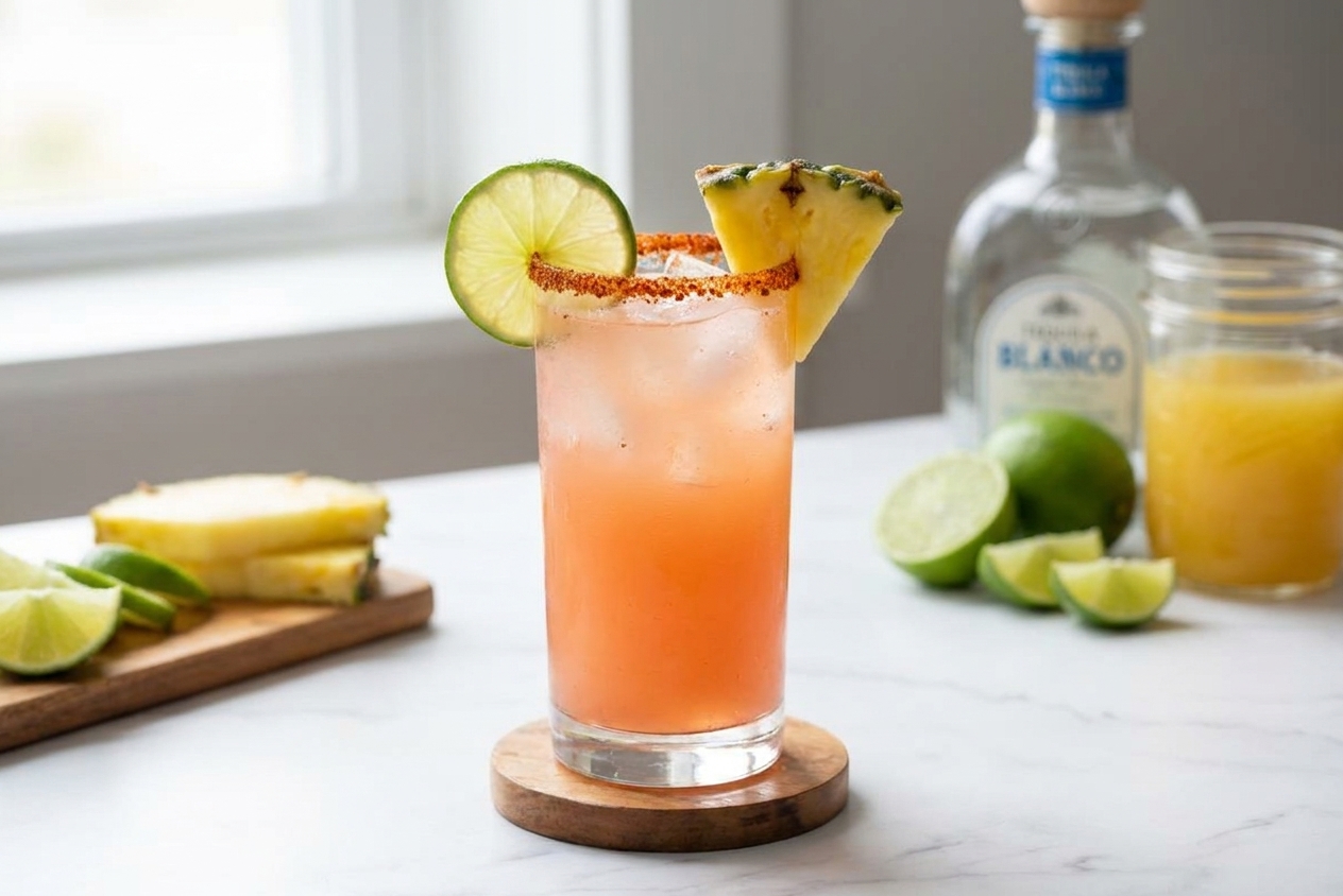 A chilled spicy pineapple tequila paloma in a tall glass with a tajín rim, lime wheel, and pineapple wedge on a bright kitchen counter with soft natural light