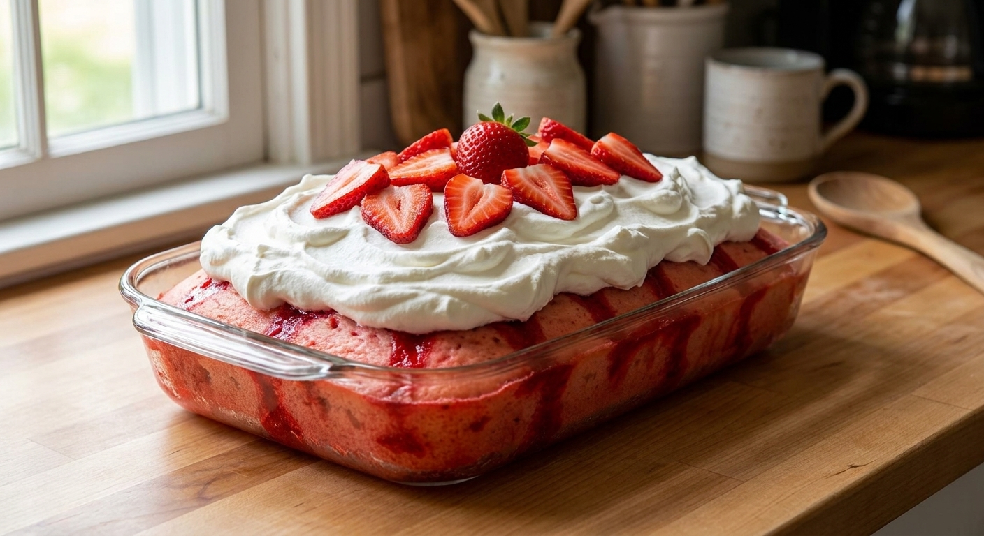 A chilled strawberry Jello poke cake in a 9x13 pan topped with whipped topping and sliced strawberries on a kitchen counter, natural light food photography