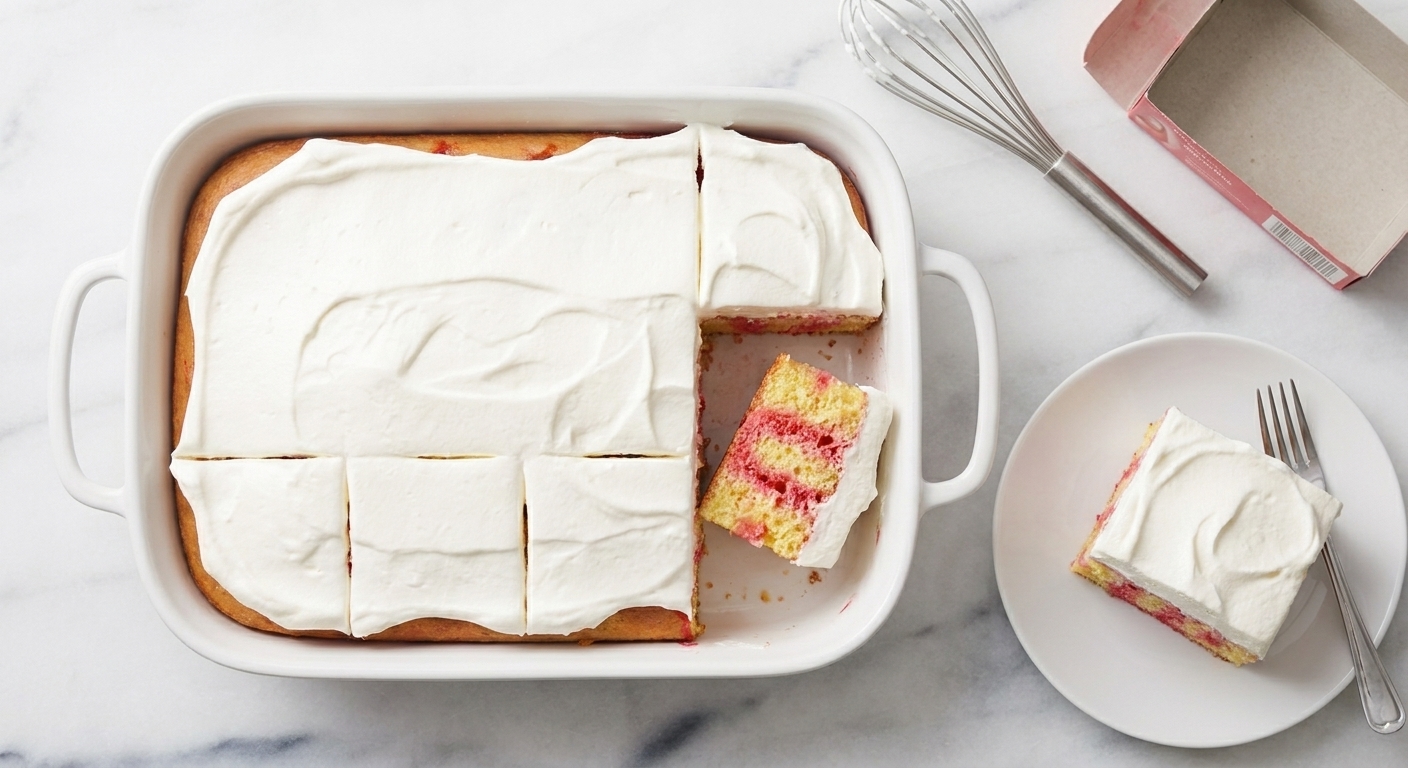 A chilled strawberry Jello poke cake in a 9x13 pan with a smooth layer of whipped topping and clean slices showing pink streaks, on a bright kitchen counter