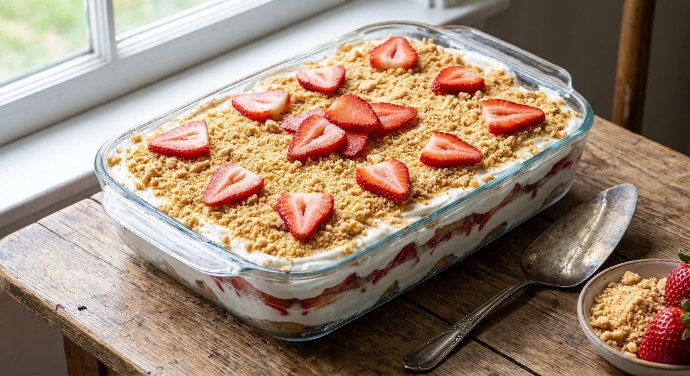 A chilled strawberry crunch icebox cake in a glass baking dish, topped with golden cookie crumbs and sliced strawberries, photographed from a slight overhead angle