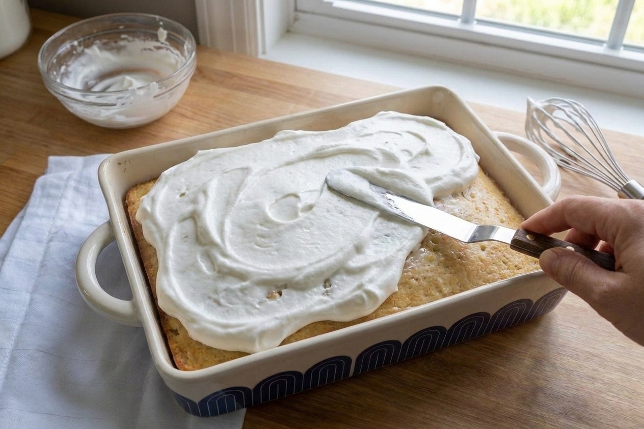 A chilled tres leches cake in a baking dish being topped with whipped cream spread evenly with an offset spatula
