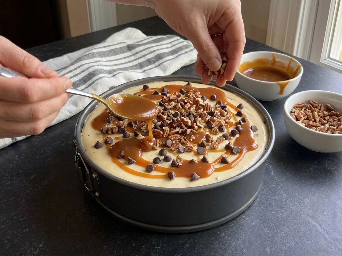 A chilled turtle cheesecake being topped with a spooned caramel drizzle and chopped toasted pecans on a kitchen counter