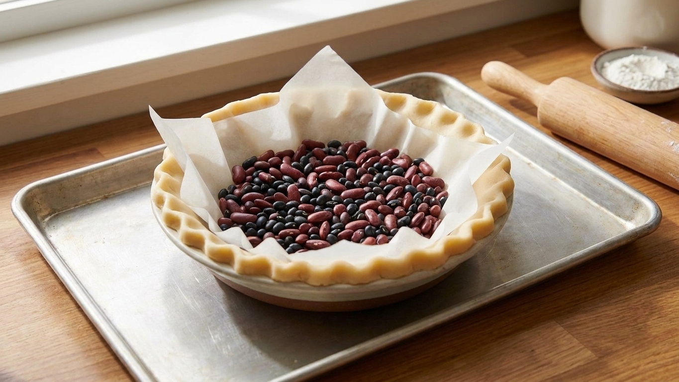 A chilled unbaked shortcrust-lined pie dish filled with parchment paper and dried beans on a baking sheet