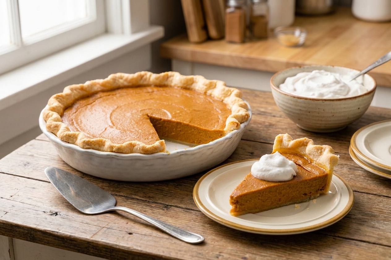 A chilled vegan pumpkin pie on a wooden table with a pie server, small plates, and a bowl of coconut whipped cream nearby