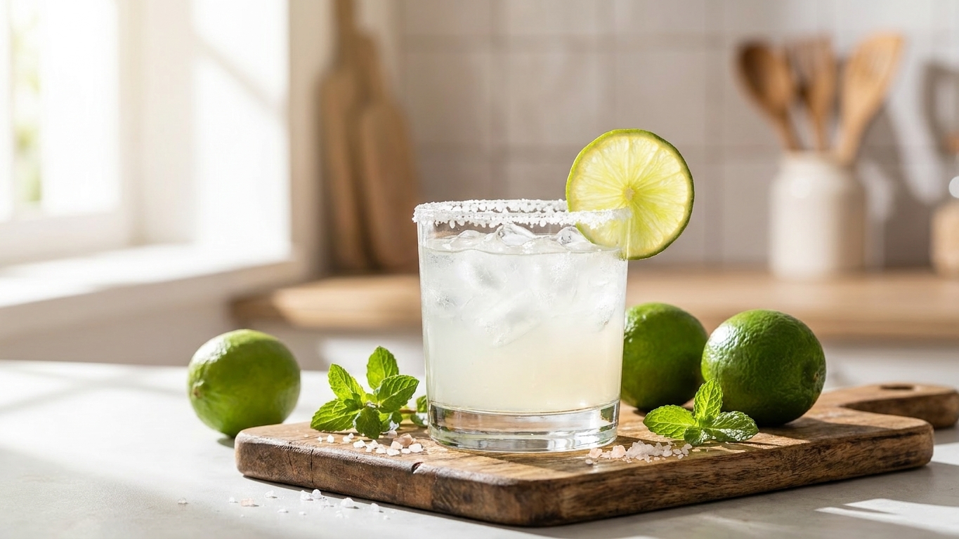 A chilled virgin margarita in a rocks glass with a salted rim and a lime wheel on the edge, sitting on a bright kitchen counter with soft natural light