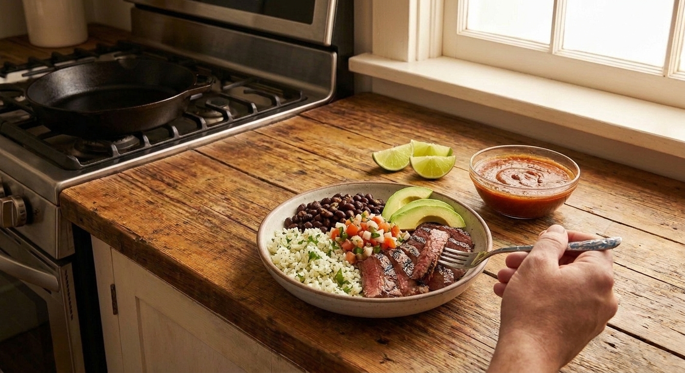 A chipotle steak bowl with sliced steak, rice, black beans, pico de gallo, and avocado on a simple dinner table
