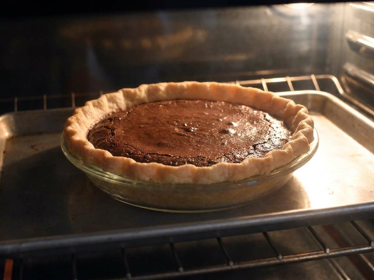 A chocolate chess pie baking on a sheet pan inside an oven, crust edges turning golden