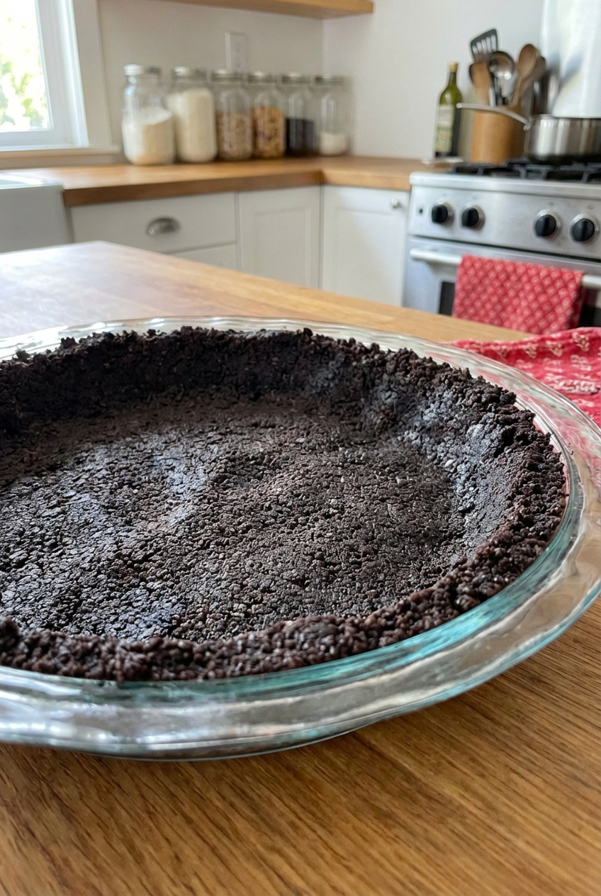 A chocolate cookie crust pressed into a pie dish before baking