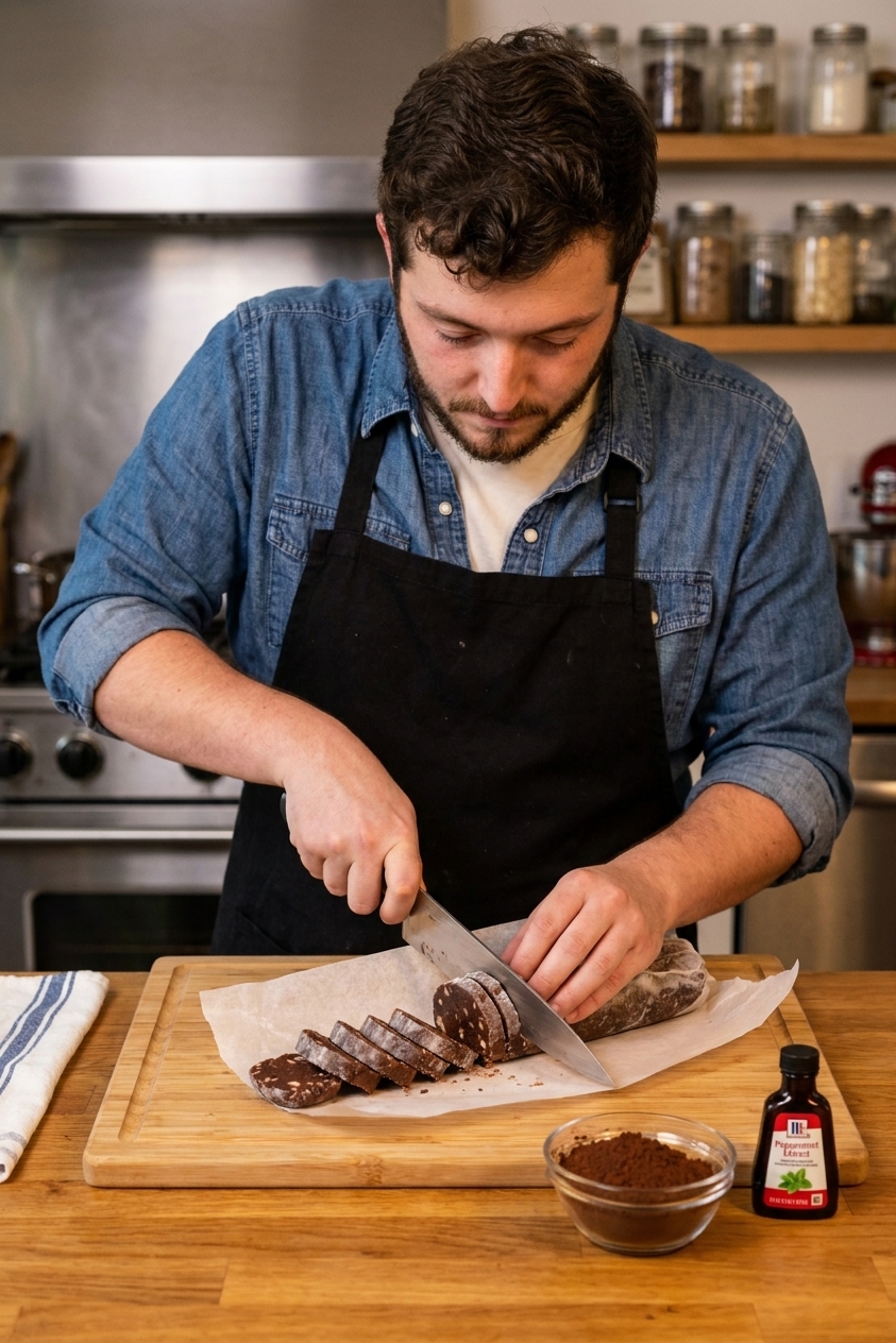 A chocolate cookie dough log wrapped in parchment on a cutting board with a chef's knife slicing thin rounds, cocoa powder and a small bowl of peppermint extract nearby