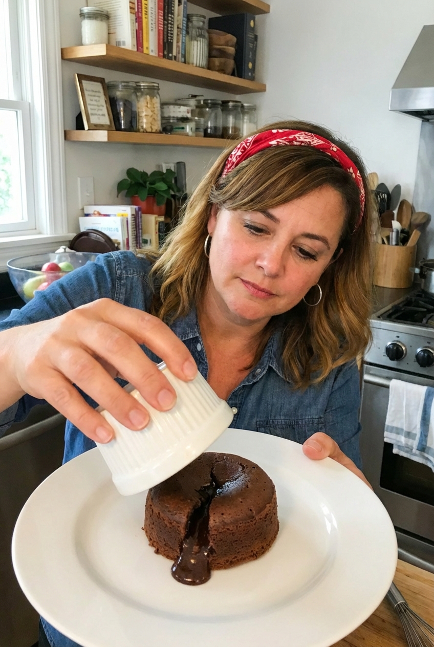 A chocolate lava cake being inverted from a ramekin onto a plate