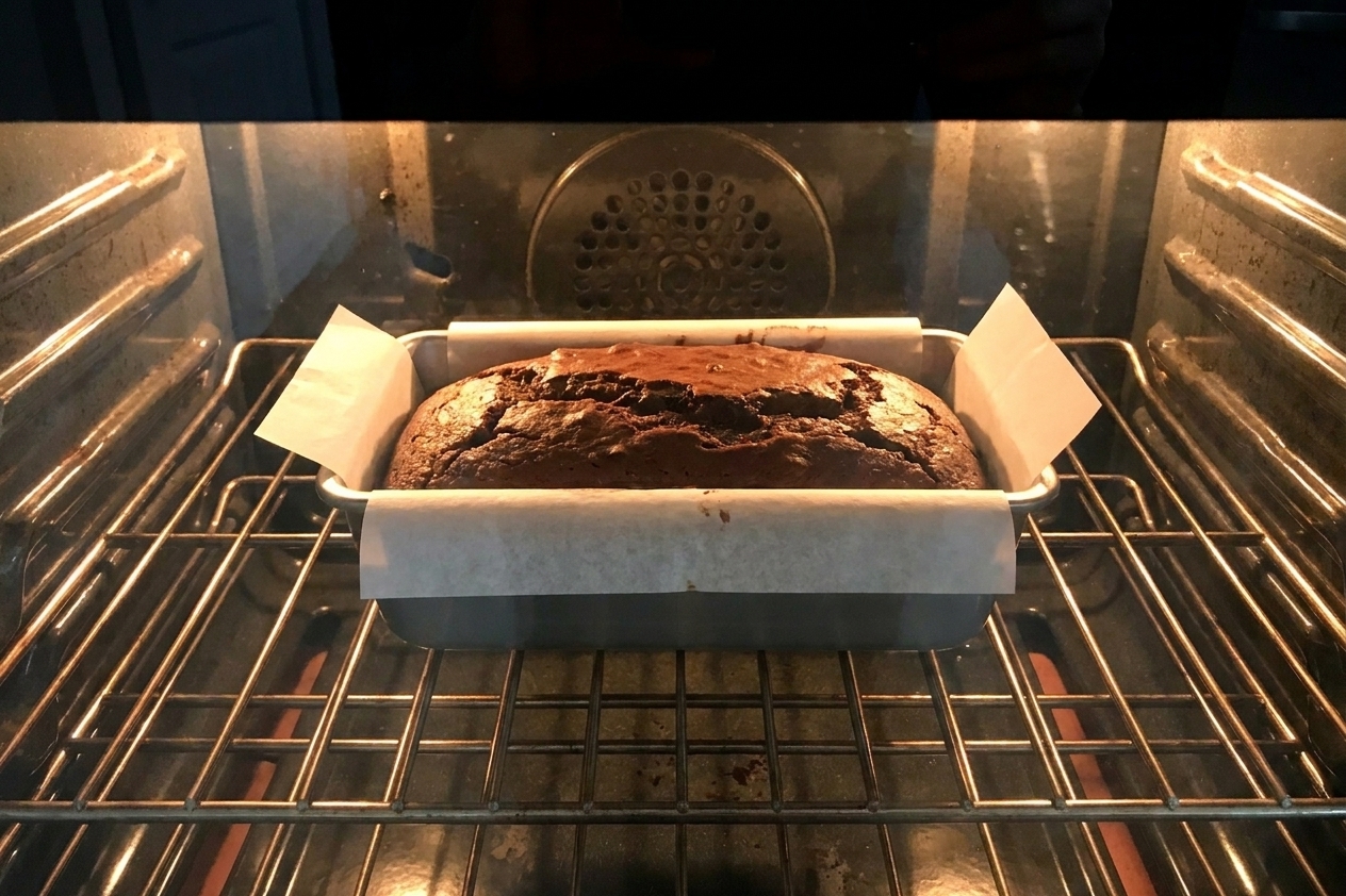 A chocolate loaf cake baking on the center rack of an oven