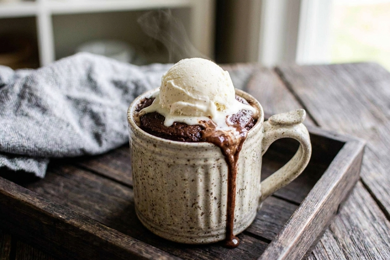 A chocolate mug cake topped with a scoop of vanilla ice cream melting slightly over the warm cake on a simple table setting