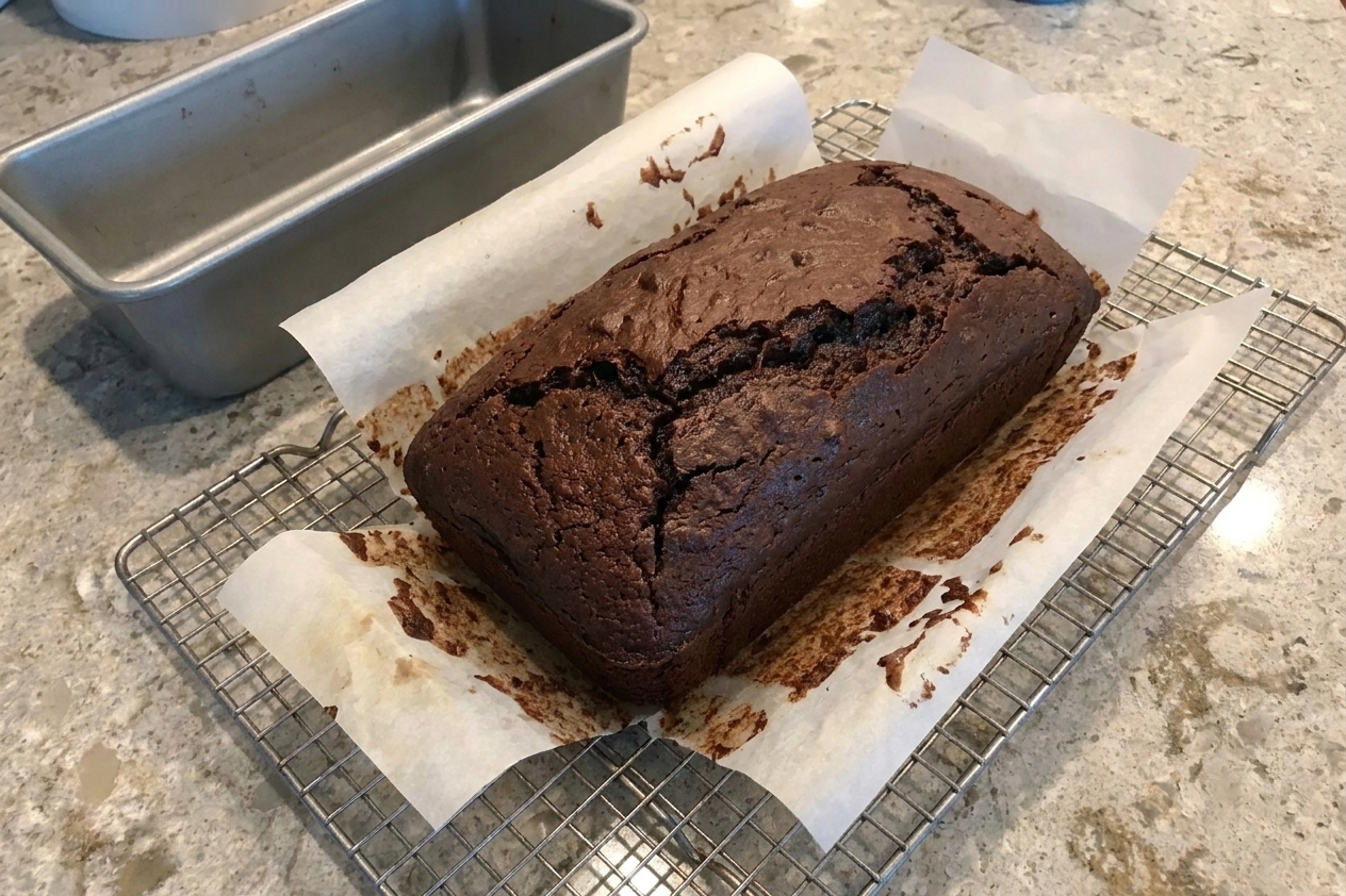 A chocolate pound cake loaf cooling on a wire rack with parchment peeled back