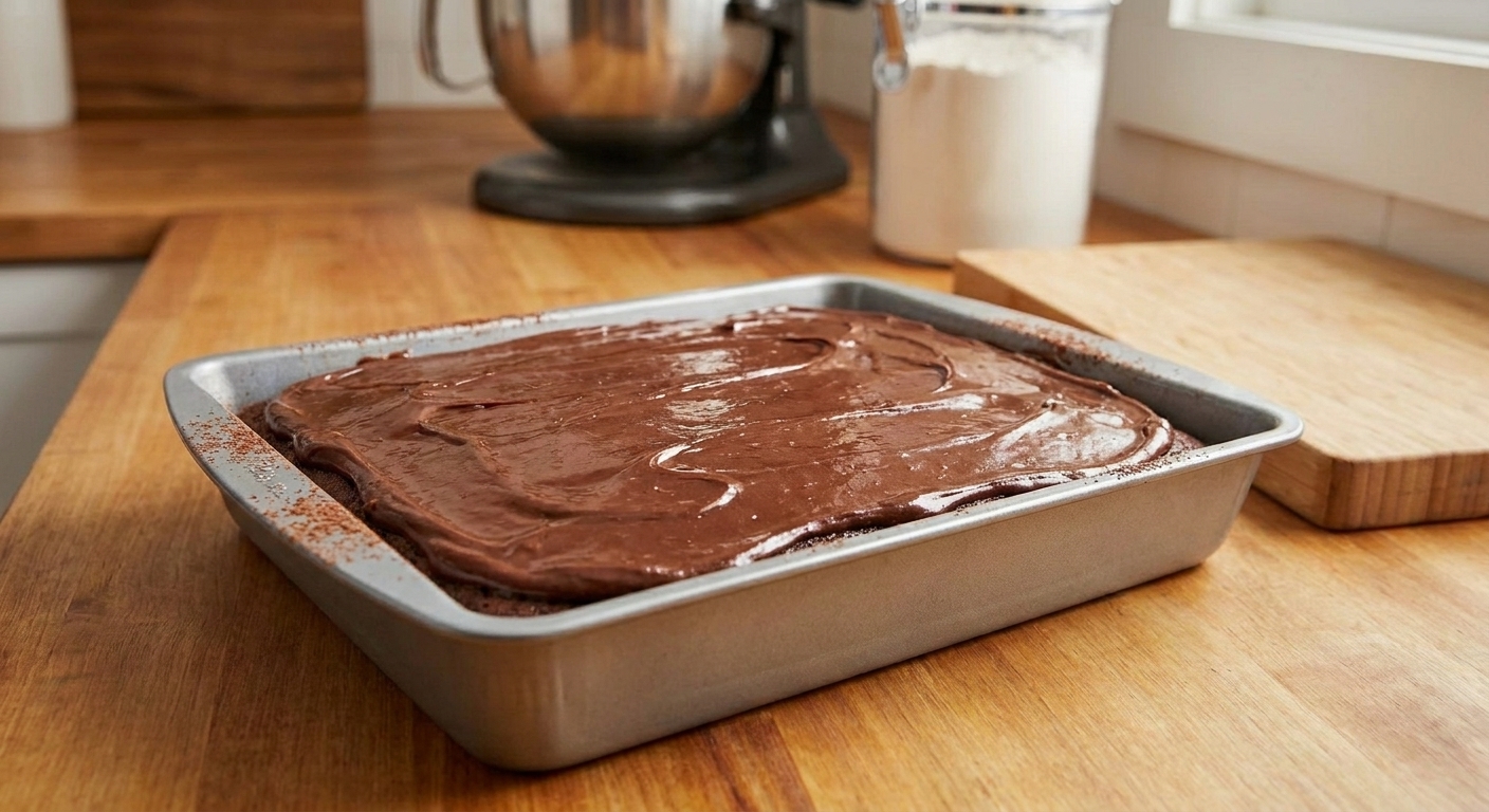 A chocolate sheet cake in a 9x13 pan with glossy cocoa frosting spread evenly across the top on a kitchen counter