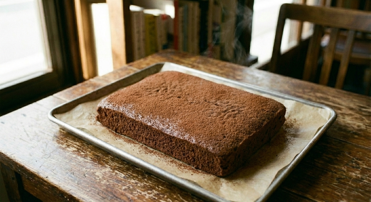 A chocolate sponge cake cooling on a sheet pan lined with parchment paper on a kitchen counter