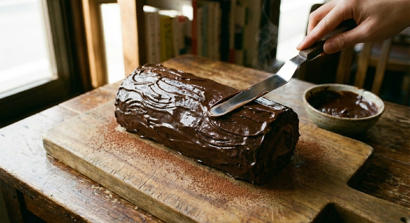 A chocolate yule log being frosted with ganache using an offset spatula on a wooden board
