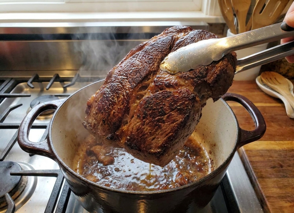 A chuck roast being deeply browned in a dark Dutch oven with a crust forming, held with metal tongs over a stovetop