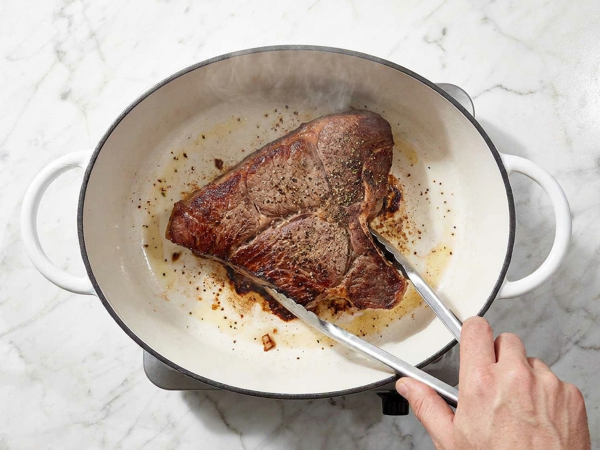 A chuck roast being seared in a Dutch oven on a stovetop with browned edges and light steam rising