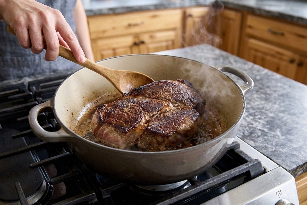 A chuck roast being seared in a Dutch oven on a stovetop, with browned crust forming on the surface