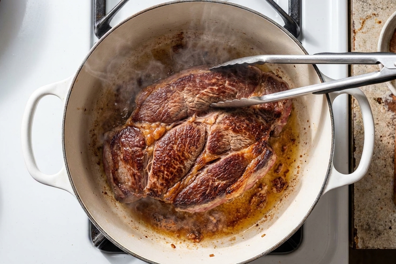 A chuck roast being seared in a Dutch oven on a stovetop with browned crust forming and tongs holding the meat