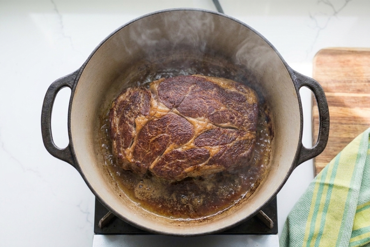 A chuck roast being seared in a Dutch oven with browned edges forming in hot oil on a stovetop